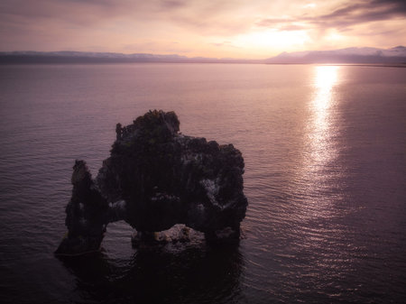 Hvitserkur Rock in Northwest Iceland in the morning. Icelandic beautiful nature landscape. Aerial...