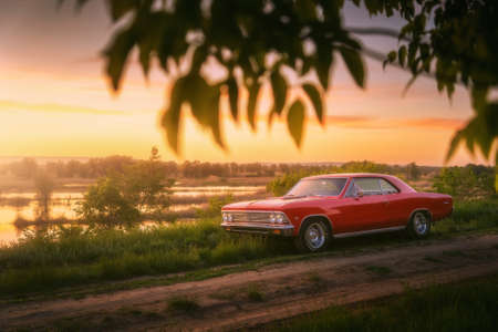 Engels, Russia - May 26, 2021: Retro red muscle car Chevrolet Malibu Chevelle SS is parked on countryside road at golden sunsetのeditorial素材