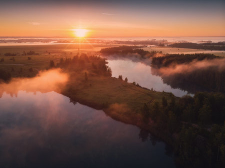 Aerial drone view of nature landscape. Colorful sunrise in Romantsevskiye Gory, Konduki in morning....