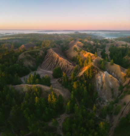 Aerial drone view of nature landscape. Colorful sunrise in Romantsevskiye Gory, Konduki in morning. Tula oblast, Russia. Popular weekend destinationの写真素材