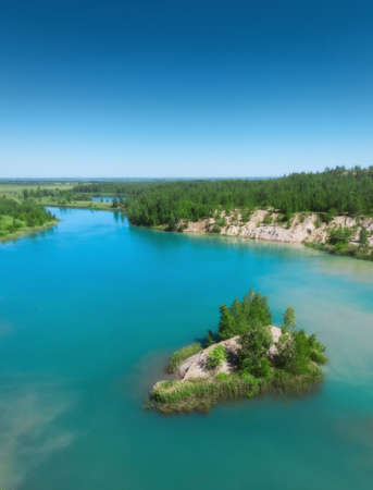 Aerial drone view of nature landscape. Clear blue sky at daytime in Romantsevskiye Gory, Konduki. Tula oblast, Russia. Popular weekend destinationの写真素材