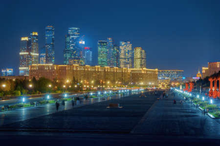 Moscow, Russia at night. Cityscape of illuminated Moscow City, business center. View from Poklonnaya Gora at Park Pobedy (Victory Park)の写真素材