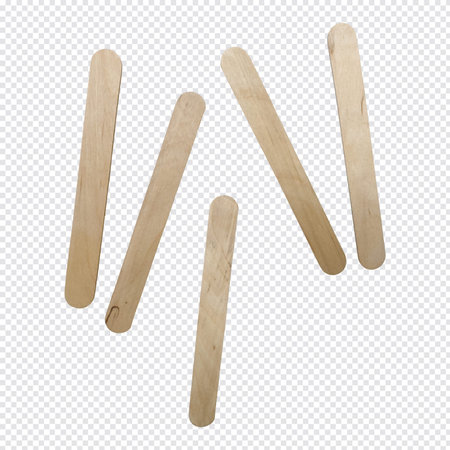 This image displays five light-colored wooden popsicle sticks laid out on a transparent background....