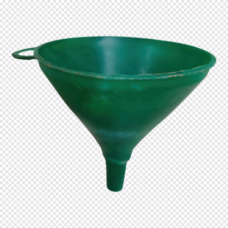 The image shows a green plastic funnel with a wide top rim and a narrow spout at the bottom. It features a small handle on one side, which is likely for easy carrying or hanging. This type of funnel is typically used for pouring liquids or granular substances into containers with small openings, ensuring precision and minimizing spills.の写真素材