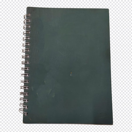 The image shows a dark green, spiral-bound notebook with a smooth matte finish. The cover appears to...