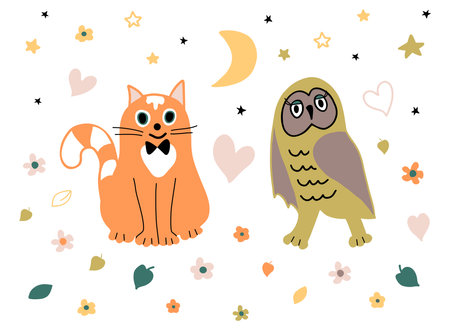 Cat and owl in cartoon style on white backgroundのイラスト素材