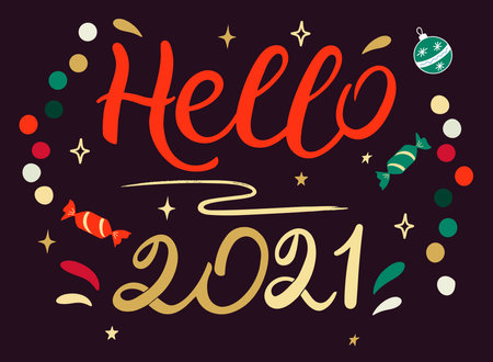 Hello 2021 Lettering vector illustration to New Year. Bright colors on dark backgroundのイラスト素材