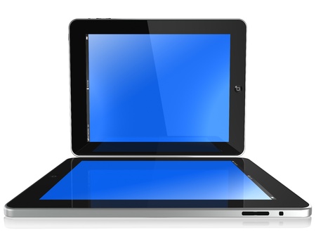 Galati, Romania - April 1, 2011: Two new Apple iPad black glossy and chromed, blue screen, isolated on white and view like a laptop.のeditorial素材