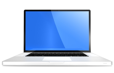 A view of an open, modern, 17 inch  laptop computer, isolated on a white background.の写真素材