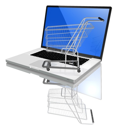 Shopping-cart over a white laptop isolated on white background with reflectionの写真素材