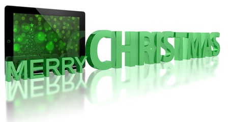 Tablet PC with Christmas tree and MERRY CHRISTMASの写真素材