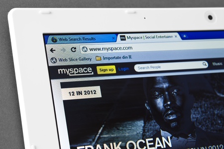 Galati, Romania - January 12, 2012 :Close up of MySpace web page on the web browser. MySpace is widely used social networking website on January 12, Galati, Romaniaのeditorial素材