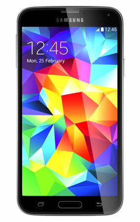Galati, Romania - May 19, 2014: Samsung Galaxy S5 is the newest smart phone from Samsung and support 5.1 inches Multi-touch extream high resolution display (1080 x 1920 pixels) and Android OS. Device shows the lock screen. Isolated on white.のeditorial素材