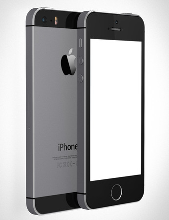 A front view of an Apple iPhone 5s displaying a blank white screen  Some of the new features of the iPhone 5s include fingerprint recognition built into the home button, a new camera, and a 64-bit processor  Apple released the iPhone 5s on September 20, 2のeditorial素材