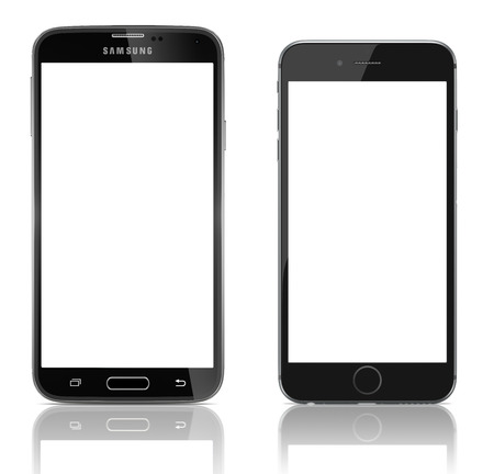 Comparison of Samsung Galaxy S5 and Apple iPhone 6 side by side. Samsung Galaxy S5 is the newest smart phone from Samsung and Apple Silver iPhone 6 Plus showing the home screen with iOS 8.のeditorial素材