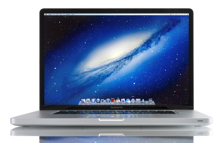 Studio shot of brand new Apple MacBook Pro laptop computer by Apple Inc. on a white background. This MacBook Pro has a 17-inch antiglare widescreen display and is running the OS X Snow Leopard 10.6.3 operating system.のeditorial素材