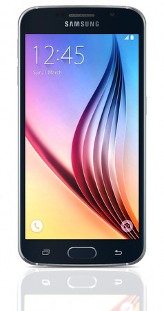 Black Sapphire Samsung Galaxy S6 on white background. The telephone is supported with 5.1" touch screen display and 1440 x 2560 pixels resolution.  The Samsung Galaxy S6 was launched at a press event in Barcelona on March 1 2015.のeditorial素材