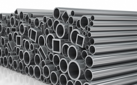 Metal profile and pipes on white backgroundの写真素材