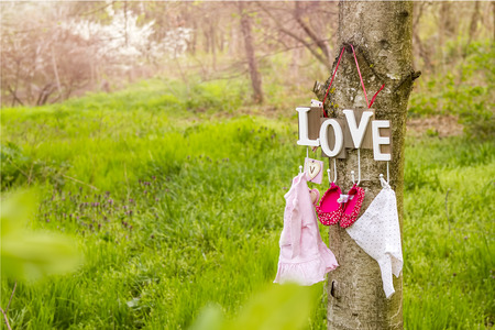 Pink baby shoes and dress hanging from a love text on the treeの写真素材