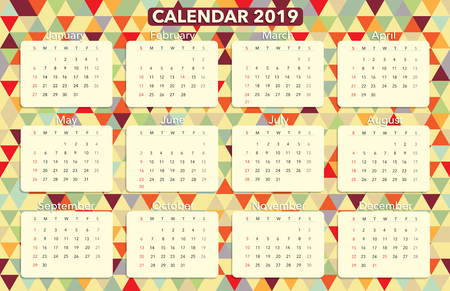 Calendar 2019. Colorful retro calendar 2019. Week starts on Sunday.のイラスト素材