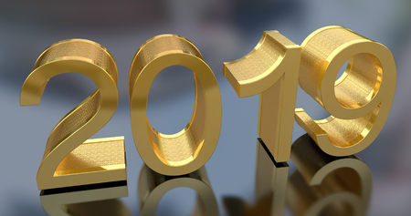 3D Gold Metal 2019 on Gray Background. Three-dimensional rendering.の写真素材