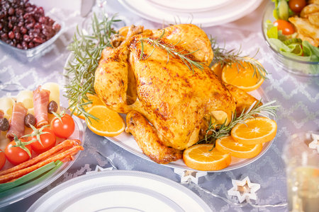 Christmas dinner. Closeup photo of tasty baked chicken against glowing Christmas lights and burning...