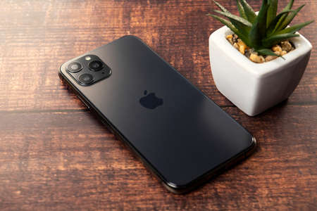 Galati, Romania, February, 20, 2020: New Iphone 11 Pro Max. IPhone 11 Pro is a smartphone developed by Apple Inc. Space Gray smartphone back view on wooden table near flower. Focus on smartphone camera.のeditorial素材