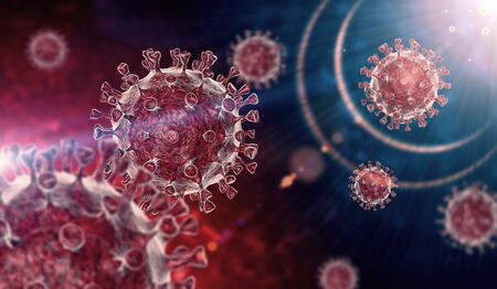 Coronavirus COVID-19 microscopic virus corona virus disease 3d illustration. 3D rendering of virus on blue and red background.の写真素材