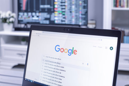 Galati, Romania - March 12, 2021: Google internet web search page for the words corona virus with a...