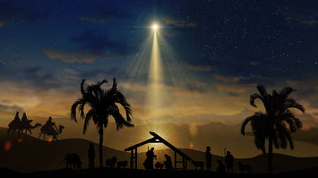 Christmas Scene with twinkling stars and brighter star of Bethlehem with nativity characters animated animals and trees. Nativity Christmas story under starry sky and moving wispy clouds.の写真素材