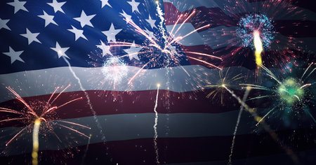 American flag waving with fireworks celebrating 4th of July. Independence, Memorial, Celebration, Fireworks concept.の写真素材