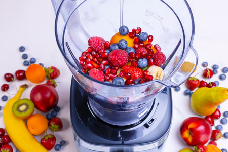 Fresh fruit smoothie in blender. Preparing a fresh drink full of vitamins for a healthy diet.の写真素材