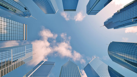 Modern skyscrapers and blue sky with clouds. 3d rendering
