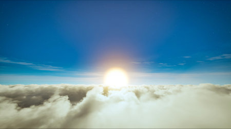 fly above clouds sunset landscape, 3d render illustration of fly above clouds with sunの写真素材