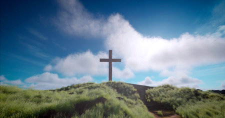 Cross on the hill with clouds in the sky. 3d renderingの写真素材