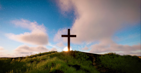 Cross of Jesus on the top of a hill. 3d renderingの写真素材