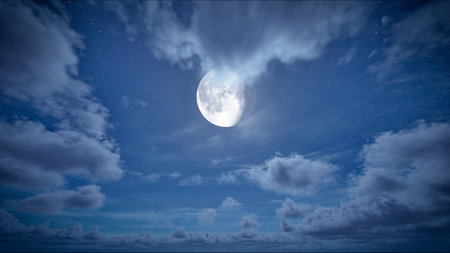 moon on the blue starry sky with clouds moving at night. Christmas night background. Cloudy sky. Beautiful cloudscapeの写真素材