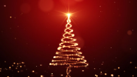 Glowing gold Christmas tree animation with particles lights stars and snowflakes on red. Holiday concept and backgroundの写真素材
