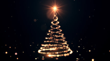 Glowing gold Christmas tree animation with particles lights stars and snowflakes on black. Holiday concept and backgroundの写真素材