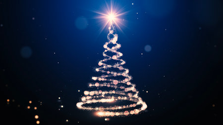 Glowing gold Christmas tree animation with particles lights stars and snowflakes on blue. Holiday concept and backgroundの写真素材