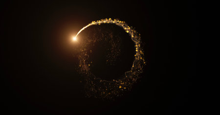 Golden particles trails and sparkles. Christmas gold glitters. Bokeh lights. 3D glowing dust trail. Isolated black. Golden Particleの写真素材