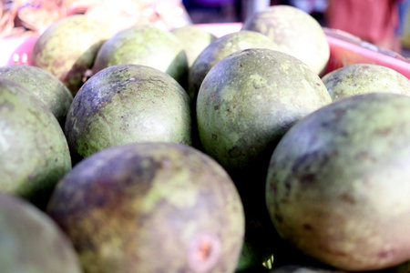 Ripe fruits of Bael or Bengal Quince and sunlight on peel , Thailand.