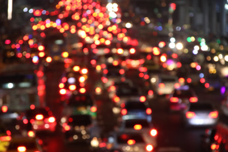 Blur photography, lights from cars are on road, traffic jam in Bangkok, Thailand.の写真素材