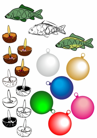 Collection of Christmas images. Christmas carp, ornaments on tree, candles.のイラスト素材