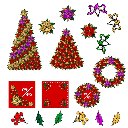 Collection of Christmas images. Christmas drawings. You can create your own Christmas card of the added components. Star, Christmas flower, tree, mistletoe, leaves, berries.のイラスト素材