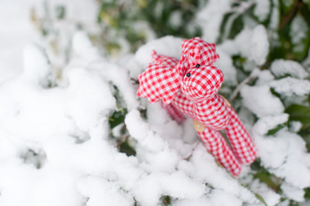 Christmas moose in red and white checkered on the snow-covered green bushの写真素材