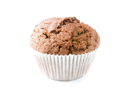 a chocolate muffin in the center on a white backgroundの写真素材