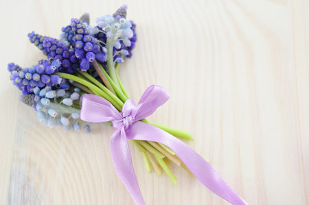 Muscari bouquet, tied with a purple ribbon on a wooden tableの写真素材