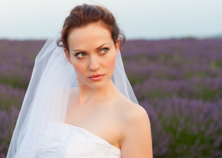 Young white girl with red hair in the form of a bride in a veil at lavender fieldの写真素材