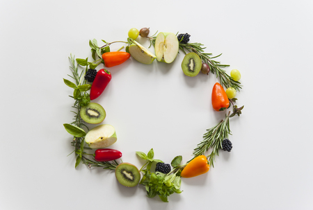 Wreath whit empty text space of vegetables and fruitsの写真素材